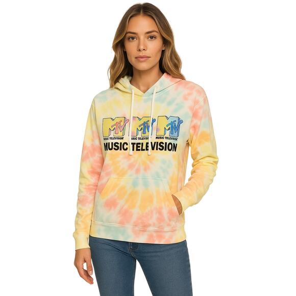 MTV Tie Dye Fun Cropped Hoodie Sweatshirt in Multi Color EUC Size Large - Picture 1 of 4
